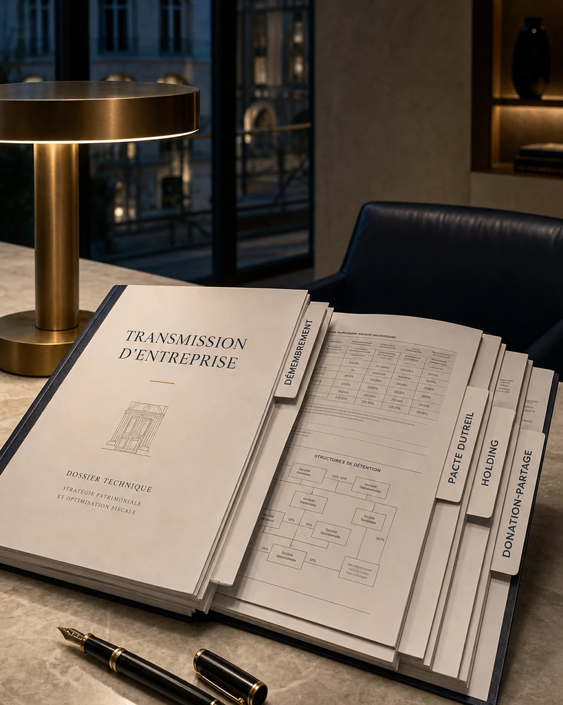 Un dossier de transmission d'entreprise dense, ouvert sur un bureau de cabinet