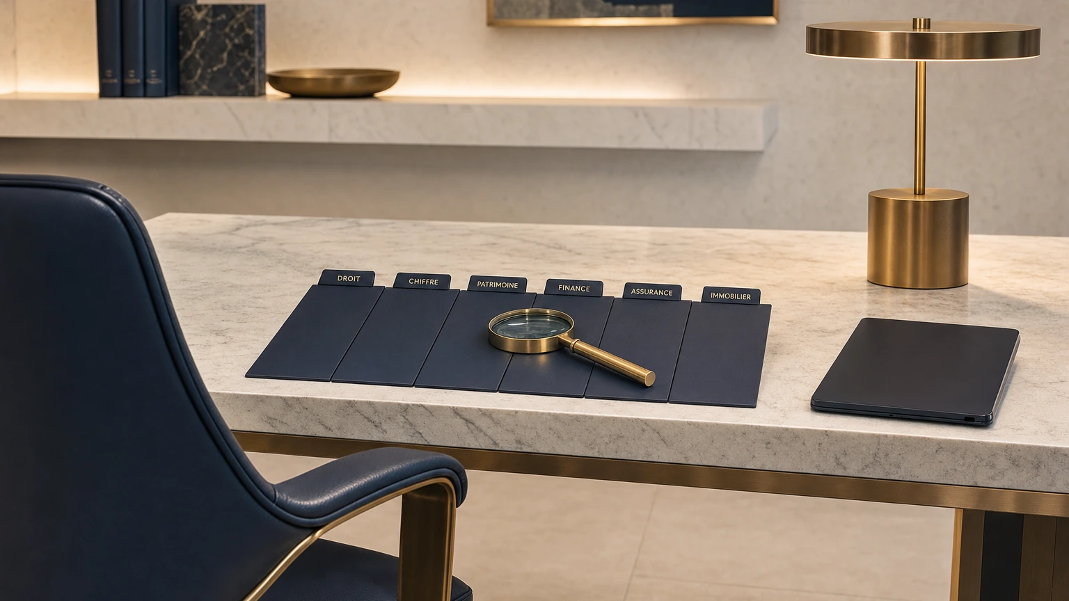 Bureau de veille premium — six intercalaires métiers et loupe sur marbre